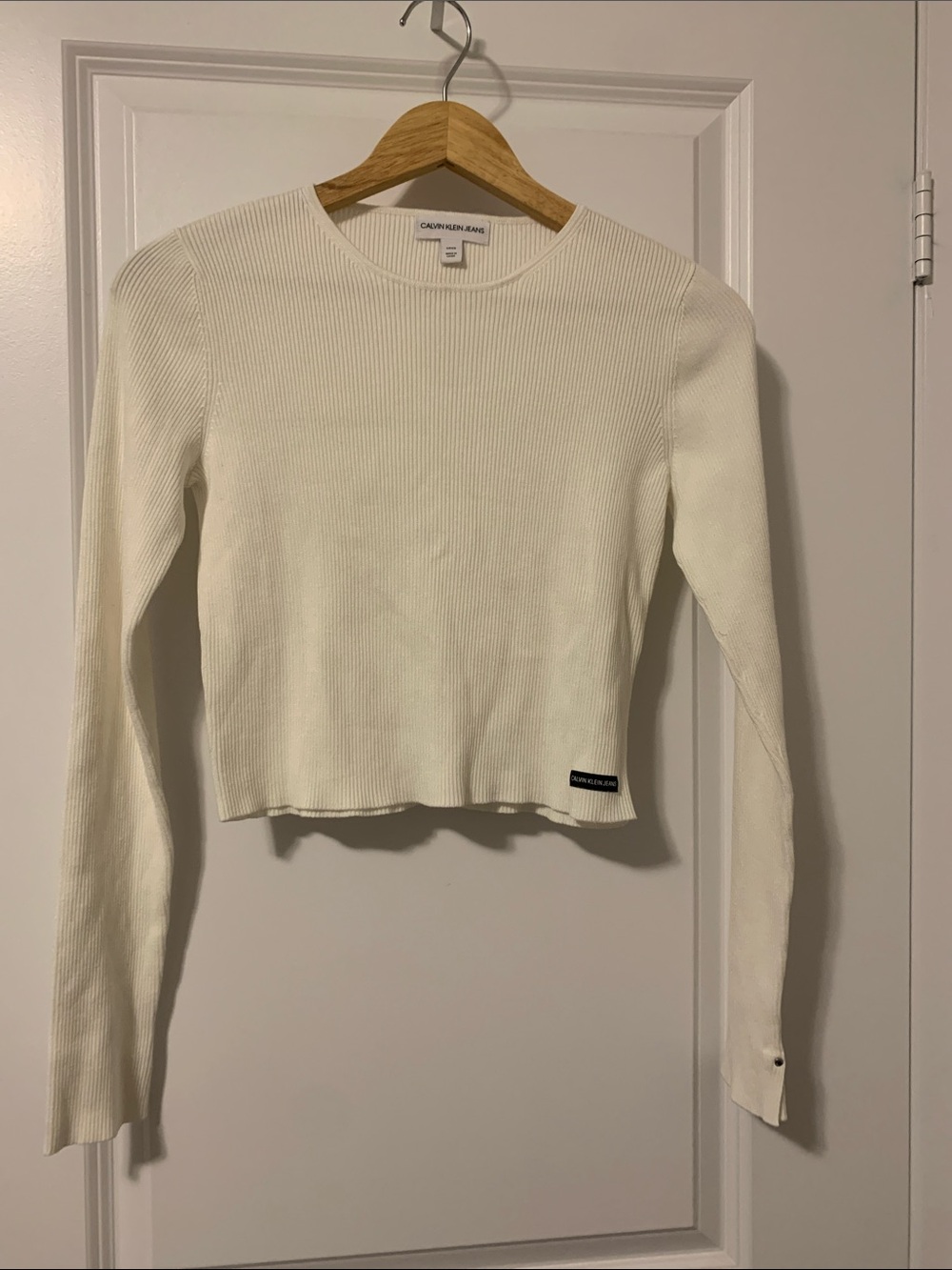 Calvin Klein Off-White Ribbed Long Sleeve Crewneck Top